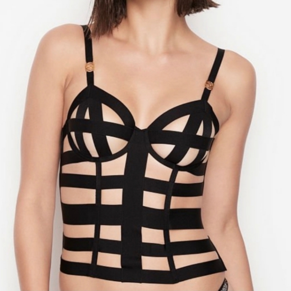 Victoria's Secret Sexy Black Strappy Bondage Corset Rear Zip Gold Hardware NWT